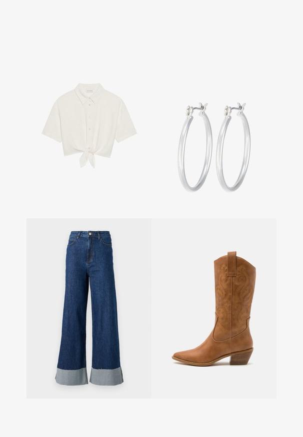 Cropped short-sleeve shirt in light beige linen, featuring a button front and tie detail at the hem. Smooth texture with a classic collar.; Wide-leg denim trousers with a dark blue wash, featuring a contrasting light blue cuff and classic five-pocket design.; Tan leather cowboy boot with pointed toe, embroidered swirl patterns on shaft, and a stacked block heel. Features a pull tab for easy wear.; Silver hoop earrings with a smooth, polished finish. Round shape and secure click-top closure. Lightweight design suitable for everyday wear.