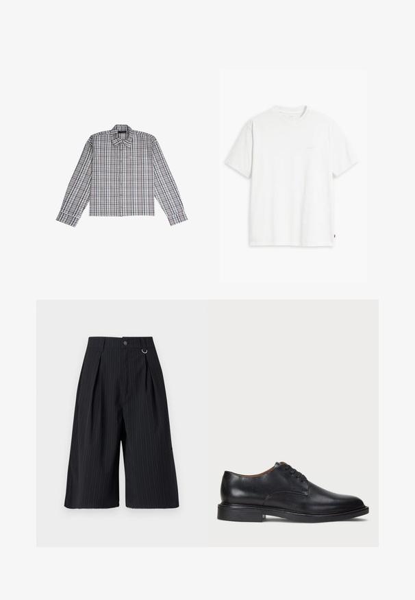 Pelēkā un baltā pārbaudītā krekla ar garām piedurknēm, pogām zem kakla un vienu krūšu kabatu. Izgatavots no auduma, piedāvā precīzu raibu rakstu.; Balta kokvilnas T-krekls ar īsām piedurknēm, apaļu kakla izgriezumu un maigi redzamu Levi's logotipu centrā. Mīksta tekstūra un standarta piegriezums.; Melnas svītrainas šortas ar krokām, pogu aizdari un metāla gredzena akcentu. Gluda auduma, pielāgota piegriezuma un ceļgala garuma dizains.; Melnas ādas kleitu kurpes ar apaļu purngalu, auklu dizainu un zemu sakrautu papēdi. Gluda virsma ar minimālām šuvju detaļām.