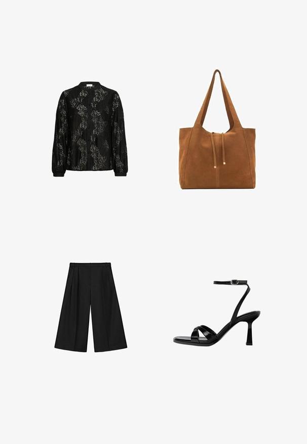 Svart spetsblus med knäppning fram, krage och långa ärmar. Har intrikata spetmönster och svarta tygdetaljer vid ärmsluten.; Svarta vidvuxna korta byxor med veck och bältesöglor, gjorda av ett slätt tyg.; Svart sandal med remmar och klack, fyrkantig tå. Har en tunn ankelrem, glänsande lädermaterial och en stilettklack.; Brun mockaläders toteväska med två långa remmar, dragsko-stängning och minimalistisk design. Slät textur och inga synliga metallaccenter.