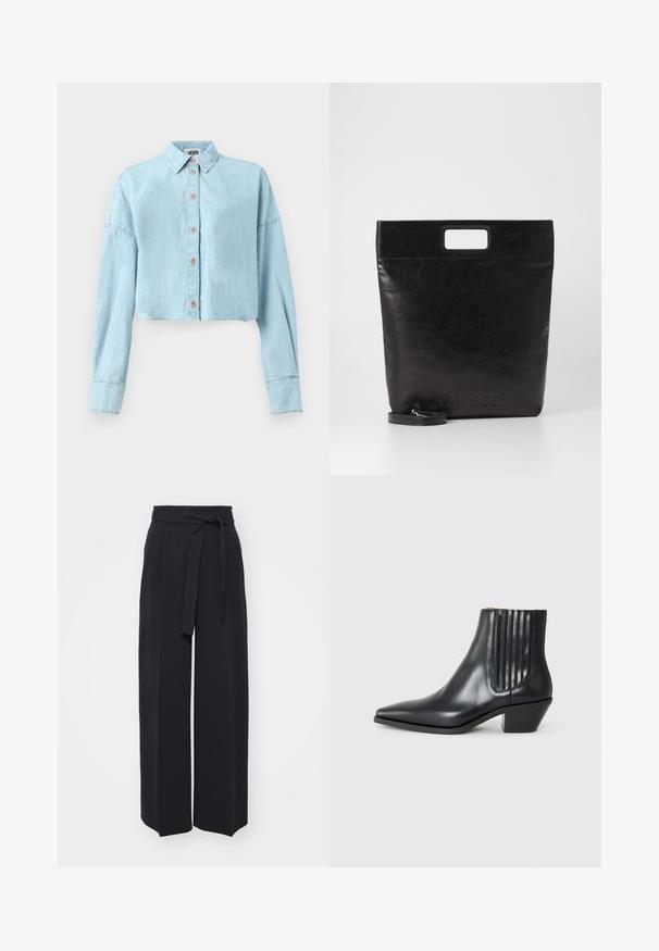 Vaaleansininen lyhyt denim-paita pitkillä hihoilla, napitussuljenta ja klassinen kaulus. Sisältää ompeluyksityiskohtia ja pehmeän tekstuurin.; Leveled black trousers made of soft fabric. Features a belted waistband and front pleats. Smooth texture with a clean, contemporary design.; Musta nahkainen nilkk boot, jossa on terävä kärki, elastiset sivupaneelit pystyröytiä ja matala lohkarepohja. Sileä pinta ja tyylikäs muotoilu.; Musta nahkainen kassi neliskulmaisella kahvalla, jossa on teksturoitu pinta ja kohokuvioitu logo. Mukana irrotettava olkahihna.