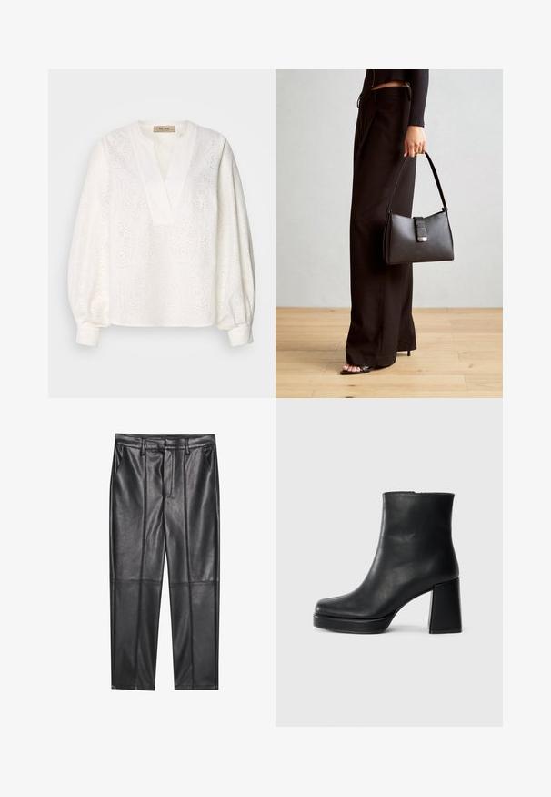 Blusa bianca realizzata in tessuto testurizzato con motivi ricamati e scollo a V. Presenta maniche lunghe e morbide con polsini arricciati.; Pantaloni in pelle nera con una texture liscia, caratterizzati da un fit dritto, due tasche frontali e dettagli delle cuciture in evidenza.; Stivale alla caviglia in pelle nera con tacco a blocco e suola platform, visto di lato su uno sfondo bianco uniforme.; Borsa nera con forma strutturata, texture liscia e una chiusura metallica. Abbinata a pantaloni neri larghi e sandali open-toe su un pavimento in legno.