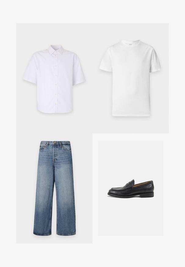 Cămașă cu mâneci scurte, cu nasturi, din bumbac alb proaspăt. Are un guler clasic, o margine dreaptă și nasturi subtili pe față.; Tricou alb cu mânecă scurtă, confecționat din bumbac moale. Are un guler rotund și un tiv drept, cu detalii minime.; Jeans din denim blue, cu croială largă, cu un finisaj decolorat, design cu cinci buzunare și închidere cu buton. Echipate cu bucle pentru curea și detalii cusute.; Mocasini din piele neagră cu o finisare netedă, vârf rotund și cusături decorative pe partea superioară. Toc mic și stivuit, cu o ușoară strălucire.