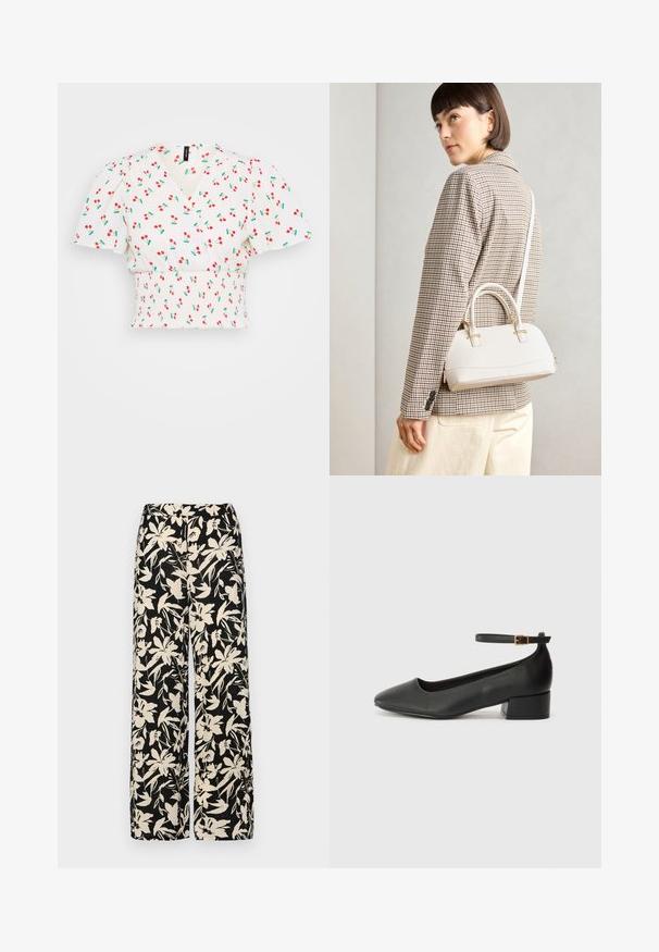 Top curto branco com um design envolvente, mangas bufantes, cintura marcada e um padrão de cerejas vermelhas com folhas verdes. Textura de tecido suave.; Calças largas pretas com um padrão floral creme. Feitas de um tecido leve, apresentando uma textura suave e uma cintura alta.; Sandal de pele preta com bico pontiagudo e um salto bloco baixo. Apresenta uma tira no tornozelo com uma fivela em tom dourado. Textura suave.; Bolsa estruturada branca com alças curtas e uma alça de ombro, com detalhes em hardware dourado e material texturizado, exibida contra um fundo cinza.