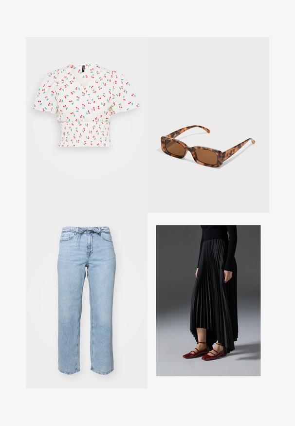 Bílý crop top s překládaným designem, volnými rukávy, nařaseným pasem a potiskem červených třešní se zelenými listy. Hladká textura tkaniny.; Světle modré džíny z denimu s uvolněným rovným střihem, pěti kapsami a pasem s poutky na opasek. Ošoupaný vzhled s jemným vyblednutím.; Černá plisovaná sukně s vysokým předním a nízkým zadním lemem, kombinovaná s lesklými červenými balerínami se strapkovým designem. Tkanina má hladký povrch.; Kočičí brýle se želvovinovým vzorem, obdélníkové hnědé čočky, silný rám a úzké nožičky s různými odstíny hnědé.; Žlutá skládací kabelka vyrobená z hladké umělé kůže, s jemným tvarem, jedním ramenním popruhem a designem s nařaseným vrškem.