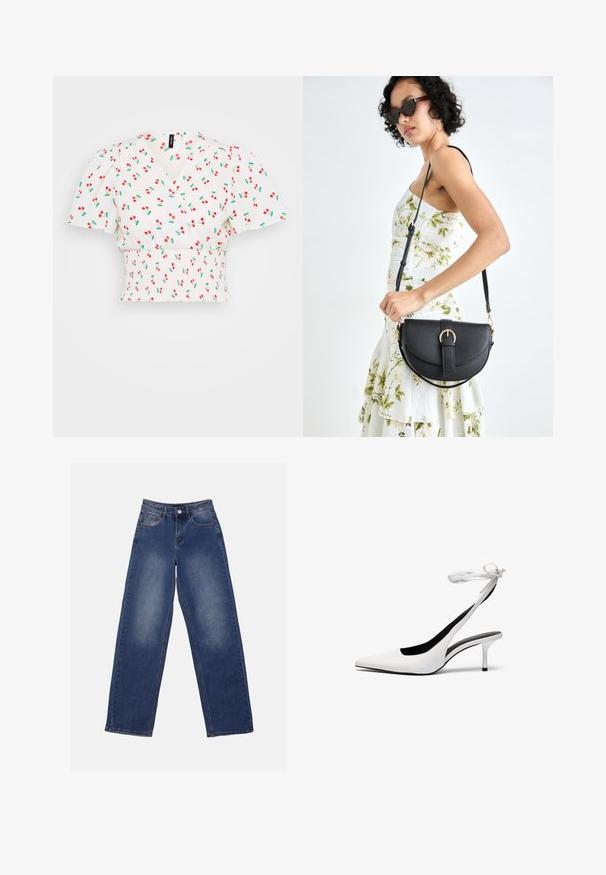 Bjela kratka majica s omotavajućim dizajnom, puf rukavima, smock strukom i crvenim uzorkom trešanja s zelenim lišćem. Glatka tekstura tkanine.; Anna Field Široke nogavice - blue wash; Bijele cipele s otvorenim petama s oštrim vrhom i tankim remenom oko gležnja. Glatki kožni materijal, tanki stileto potplat i crna unutarnja obloga.; Crna kožna torba s lukovitim oblikom, odvojivim remenom i zlatnim detaljima. Torba ima preklop s kopčom.; Zlatne naušnice s ovalnim prozirnim kristalima okruženim manjim prozirnim kamenčićima, s dizajnom na kuku za sigurno nošenje.