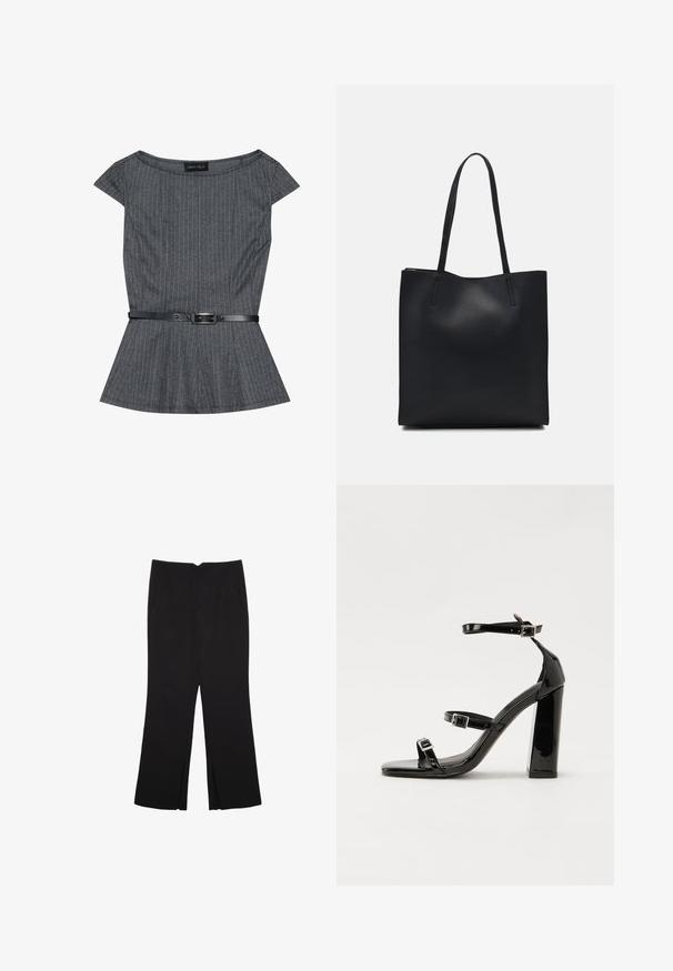 Top peplum grigio con sottili righe verticali, maniche corte e una cintura nera con fibbia. Realizzato in tessuto texturizzato.; Pantaloni neri a gamba dritta, con tasche frontali e spacchi laterali all'orlo. Realizzati in tessuto morbido e liscio. Adatti a diverse occasioni.; Sandali con tacco in vernice nera, con punta squadrata, cinturini alla caviglia e fibbie in argento. Presentano un tacco a blocco spesso per maggiore stabilità.; Borsa tote in pelle nera con texture liscia, forma rettangolare e due manici lunghi. Nessun hardware o decorazione visibile.