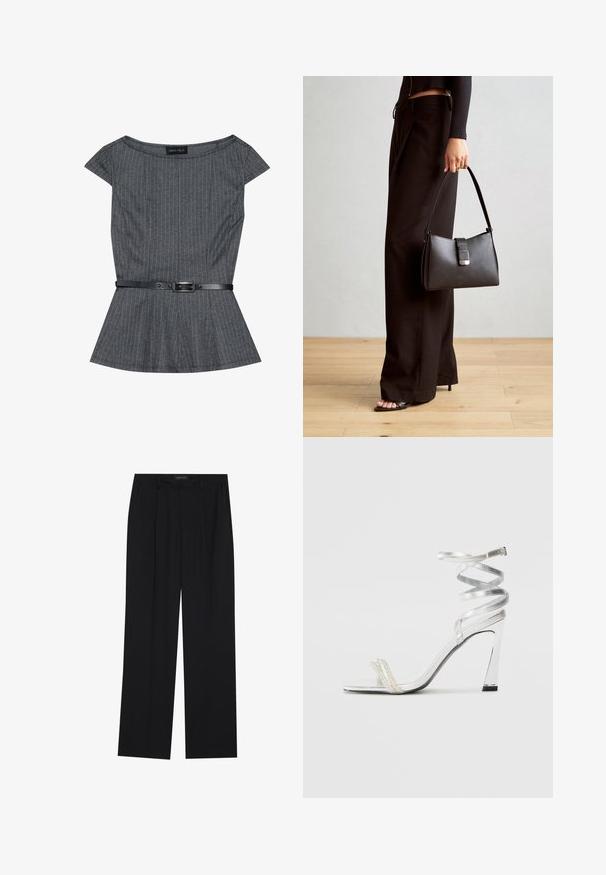Top peplum cinza com riscas verticais finas, mangas curtas e um cinto preto com fivela. Confeccionado em tecido texturizado.; Calças pretas com um design de perna reta, apresentando dois bolsos frontais e um cós. Feitas de um tecido leve e suave.; Sandalha de salto alto prateada com um design de tira brilhante, apresentando um detalhe semelhante a uma pérola e uma tira de tornozelo espiralada para um ajuste seguro.; Bolsa preta com forma estruturada, textura suave e um fecho metálico. Combinada com calças largas pretas e sandálias de salto aberto sobre um chão de madeira.