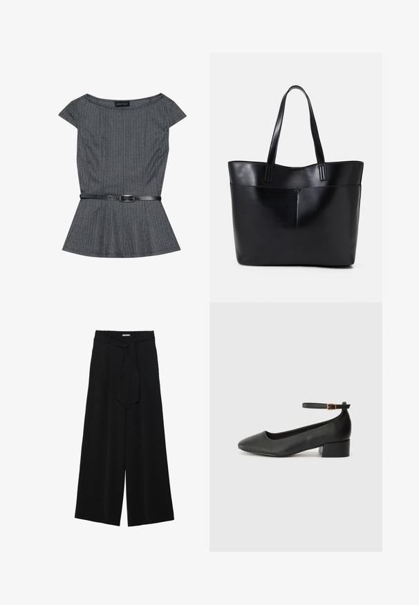 Pilkas peplum viršus su plonomis vertikaliomis juostelėmis, trumpomis rankovėmis ir juodu diržu su sagtimi. Pagamintas iš tekstūruoto audinio.; Juoda plačių kojų kelnės, pagamintos iš tekstūruoto audinio, su elastingu juosmeniu ir atsegamu diržu juosmenyje, leidžiančiu reguliuoti dydį.; Juodas odinis aukštakulnis batelis su smailiu pirštu ir žemu bloku. Su kulkšnies dirželiu su auksinės spalvos sagtimi. Lygus paviršius.; Juoda odinė rankinė su dviem ilgais diržais, lygiu paviršiumi ir struktūrizuota forma. Yra priekinė kišenė papildomam saugojimui.