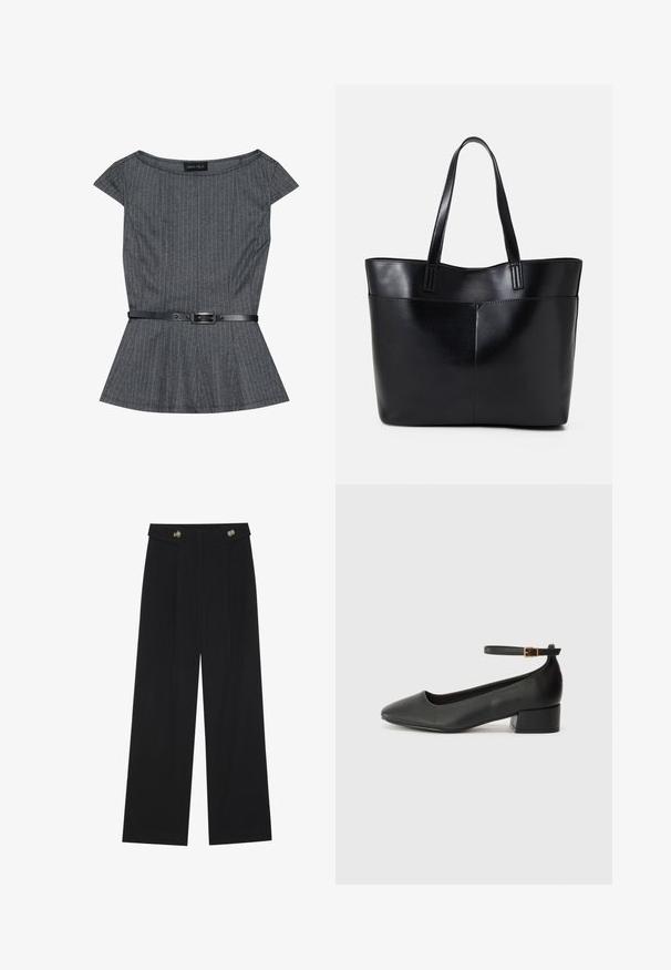 Hallikas peplum-top, millel on õhukesed vertikaalsed triibud, lühikesed varrukad ja must vöö koos klambriga. Valmistatud tekstuurilisest kangast.; Mustad laiad püksid kõrge vöökoha ja nööpdetailidega vööandil, esikortsudega.; Must mustaapp, millel on terav nina ja madal blokk-kand. Omab pahkluu rihma koos kuldse tooni pandlaga. Sile tekstuur.; Must mustaga musta nahast, millel on kaks pikka kanda, sile tekstuur ja struktureeritud kuju. Esipoolsel on lisakoti jaoks tasku.