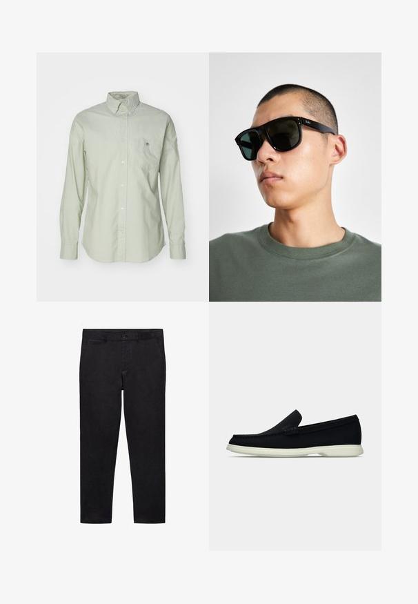 Světle zelená košile na knoflíky s dlouhými rukávy, klasickým límcem, kapsou na levé straně hrudi a jemnou strukturou. Obsahuje bílé knoflíky a detail loga.; Černé kalhoty s hladkou, matnou texturou. Přiléhavý střih, zapínání na jeden knoflík a dvě přední kapsy. Čistý, jednoduchý design.; Černá nazouvací bota s kulatou špičkou, má texturovaný svršek, hladkou bílou podrážku a subtilní značkový detail na boku.; Černé obdélníkové sluneční brýle s tmavými skly, které mají charakteristický tvar a logo na straně. Nosí je osoba v zelené košili.