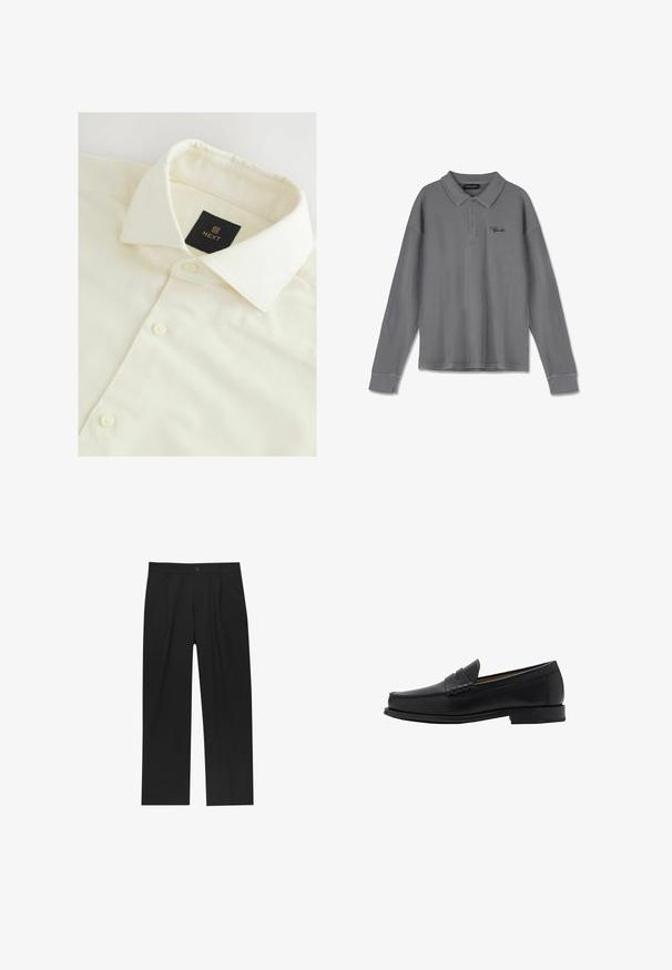 Krämfärgad skjorta med krage i strukturerad tyg, som har en svart "NEXT"-etikett och vita knappar längs framknäppningen.; Långärmad polo i randig grå tyg. Har en krage, tre-knapplist och subtil svart branding på bröstet.; Svarta byxor med rak ben-design, tillverkade av ett jämnt tyg. Har framfickor och en enkel knapplåsning i midjan.; Mango Business slip-ins - black