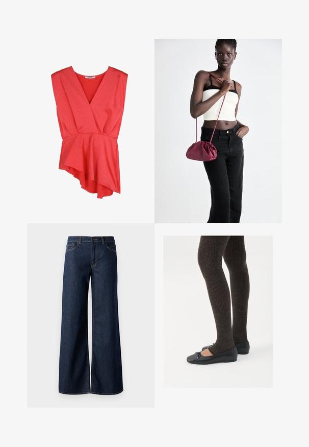 Top roșu, fără mâneci, cu un decolteu adânc în V și o hem peplum cu volan. Fabricat dintr-un material moale cu o textură subtilă.; Jeanși cu picioare largi din denim albastru închis. Prezintă cusături contrastante, cinci buzunare și o închidere cu nasture la talie. Textură netedă.; Pantofi negri cu un detaliu mic de fundiță la vârf, asortați cu colanți maro închis, cu textură ondulată. Pantofii au o textură netedă și un profil joase.; Geantă dintr-un material moale de culoare burgundă, cu un design plisat și o curea lungă, purtată pe umăr. Modelul poartă un top alb scurt și blugi negri.