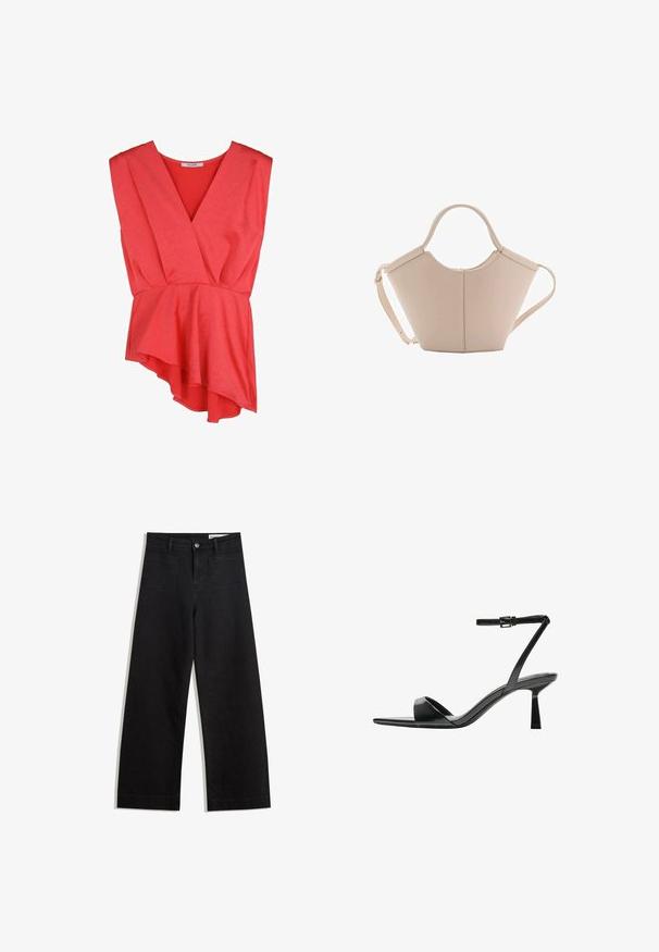 Red, sleeveless wrap top with a deep V-neck and peplum ruffle hem. Made of soft fabric with a subtle texture.; Black wide-leg denim pants with a high waist, featuring front and back pockets, stitched seams, and a button closure. Smooth texture.; Bershka High heeled sandals - black; Beige leather handbag with a unique shape, featuring two short handles and a long adjustable strap. Smooth texture with minimal hardware.
