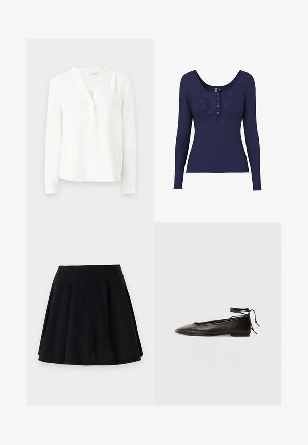 Biely dlhý rukáv blúzka s gombíkovou légou, mäkká textúra, mierne uvoľnený strih a okrúhly výstrih. Tenké manžety na rukávoch.; Námornícky modrý hrebienkový top s dlhým rukávom a okrúhlym výstrihom s gombíkovou légou, ktorá má v strede tri kovové gombíky.; Čierna bavlnená sukňa s rozšíreným strihom, s pliecoch v oblasti pásu a hladkou textúrou. Vhodná na každodenné nosenie.; Čierne kožené baletky s špicatou špičkou, viazaním okolo členka a plochou podrážkou, s hladkou textúrou a minimalistickým dizajnom.