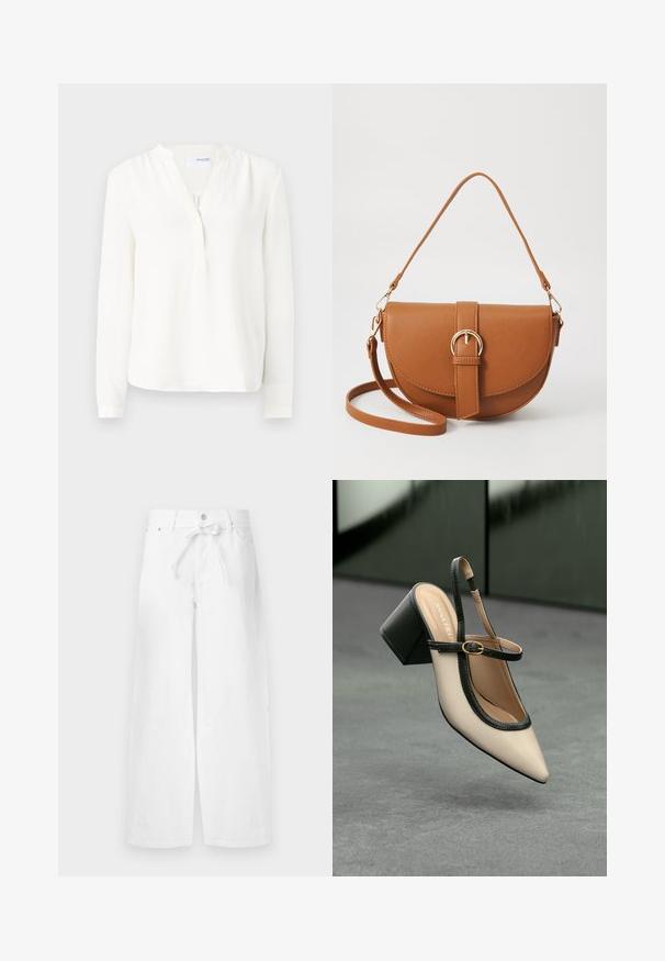 Blusa blanca de manga larga con tapeta de botones, textura suave, corte ligeramente relajado y cuello redondo. Puños delgados en las mangas.; Pantalones de pierna ancha blancos de algodón, con cintura elástica ajustable, cierre de botón único y bolsillos frontales. Textura suave, sin patrones.; Zapato slingback de punta beige con ribete negro, hebilla dorada y un tacón cuadrado grueso sobre un suelo gris con fondo verde oscuro.; Bolso bandolera de cuero marrón con forma curvada, herrajes dorados y un acento de hebilla. Incluye una correa de hombro desmontable.