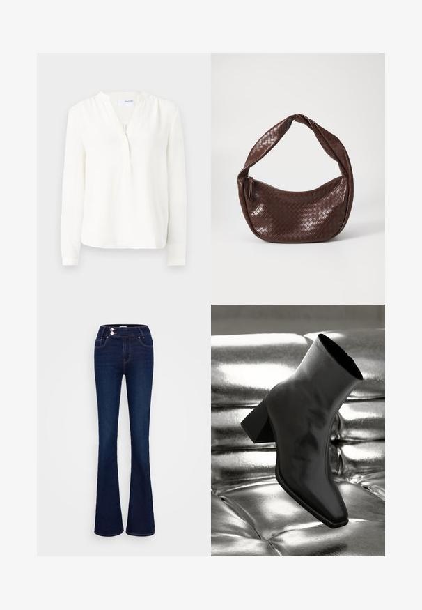 Valge pikade varrukatega pluus nööbistusega, pehme tekstuuriga, veidi lõdva istuvuse ja ümmarguse kaelusega. Õhukesed mansetid varrukatel.; Tumedad sinised laiad teksapüksid, millel on kõrge talje, kaks eesmist taskut ja kaks nööbikinnitust. Valmistatud siledast denimist.; Must musta narmand, läikiva materjali ja ruudukujulise varbaga ning kitseneva kontsaga, paigutatud läikiva hõbedaselt tuftitud tausta ette.; Pruunist kootud nahast käekott, millel on kõver, sõlme käepide ja tõmblukk. Sile tekstuur ja ümar kuju.