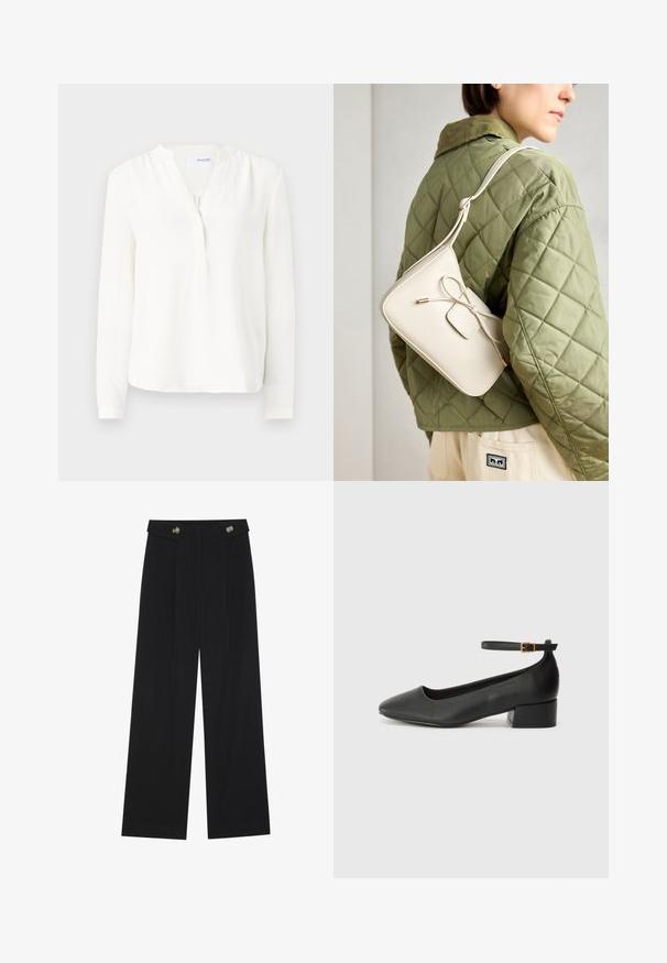 Balta garām piedurknēm blūze ar pogu slēgšanu, mīksts tekstūras, nedaudz brīvs piegriezums un apaļš kakla izgriezums. Plāni aproces pie piedurknēm.; Melnas platās bikses ar augstu jostasvietu, pogu detaļām uz jostas un priekšējām krokām.; Melnas ādas sūkņi ar smailu purngalu un zemu bloku papēdi. Iezīmēts ar potītes siksniņu ar zelta krāsas sprādzi. Gluda tekstūra.; Bēša ādas crossbody soma ar loku detaļu, zelta aparatūru un vienu regulējamu siksnu, vilkta pāri zaļai quilted jakai.