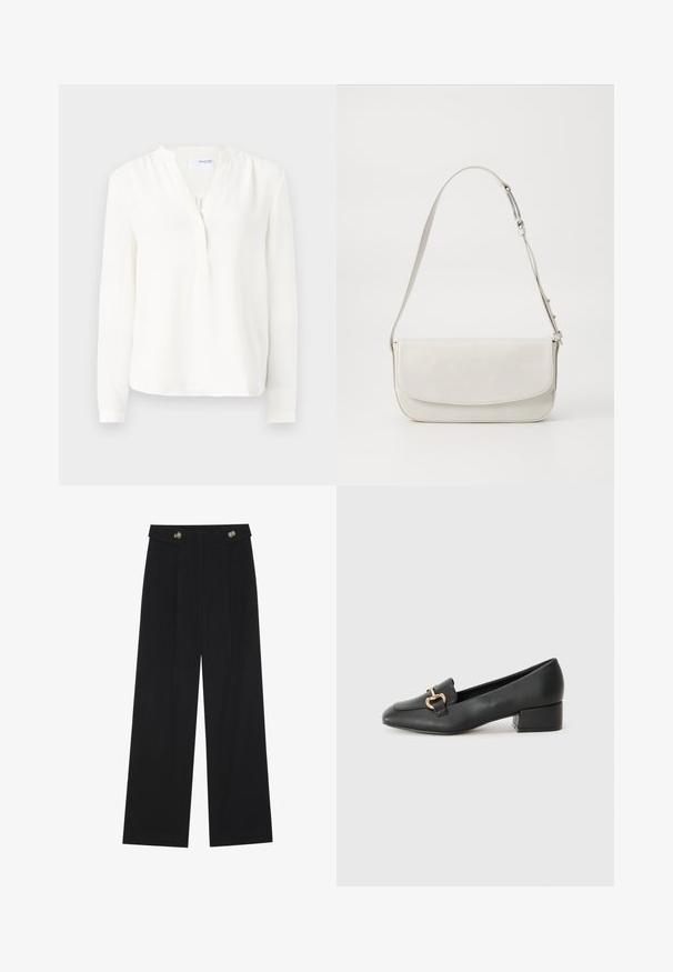 Bílá blůza s dlouhým rukávem a knoflíkovou légou, měkká textura, mírně uvolněný střih a kulatý výstřih. Tenké manžety na rukávech.; Černé široké kalhoty s vysokým pasem, detailní knoflíky na pase a přední záhyby.; Černé kožené loferské boty s plochým podpatkem, zdobené zlatým kovovým detailem na přední straně a hladkým povrchem.; Bílá kožená kabelka přes rameno s hladkým povrchem, obdélníkovým tvarem, klopovým zapínáním a nastavitelným popruhem. Jednoduché švy.