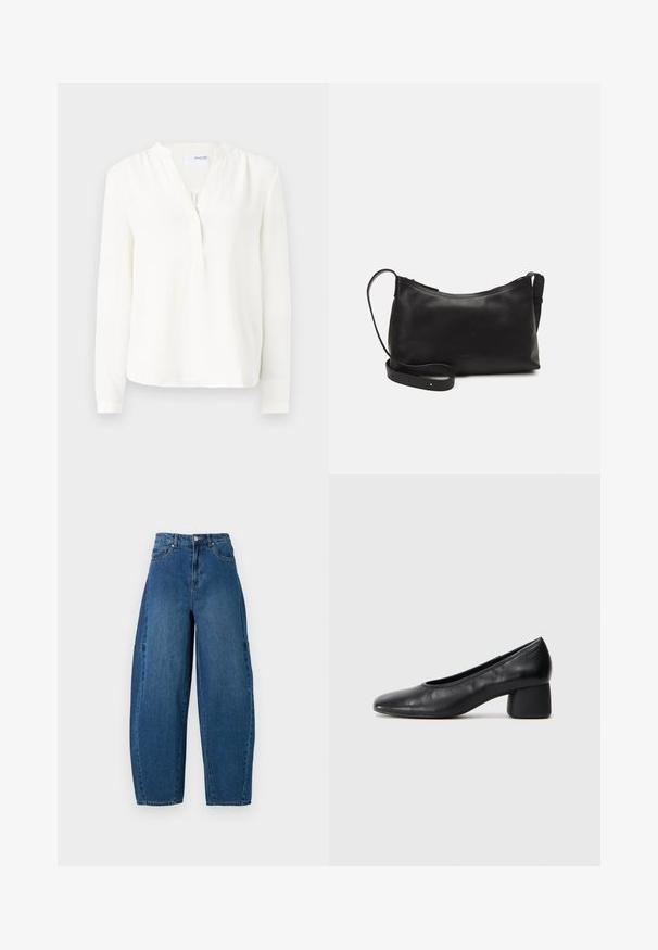 Blusa bianca a maniche lunghe con placket buttoned, texture morbida, vestibilità leggermente rilassata e scollatura rotonda. Polsini sottili sulle maniche.; Jeans in denim con un lavaggio blu medio, caratterizzati da una vita alta, una gamba larga e un design a cinque tasche standard con dettagli di cucitura visibili.; Pantofole nere in pelle con punta arrotondata e tacco medio a blocco. Texture liscia con dettagli minimi, caratterizzata da un'apertura elastica sottile.; Borsa a spalla in pelle nera con una texture liscia, forma curva, tracolla regolabile e chiusura con zip. Design minimalista senza ornamenti.