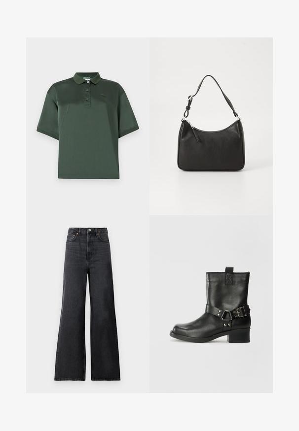 Ciemnozielona koszulka polo wykonana z gładkiego materiału, z kołnierzykiem, trzema guzikami, krótkimi rękawami oraz subtelnym akcentem logo na piersi.; Czarne dżinsy flare z wysokim stanem, z metalowym zapięciem, przednimi kieszeniami oraz subtelnym wyblaknięciem materiału.; Samsøe Samsøe SABRENTA czarny; Czarna skórzana torebka o zaokrąglonym kształcie, z pojedynczym uchwytem, zamknięciem na zamek błyskawiczny oraz subtelnym logo z przodu. Gładka faktura, minimalistyczny design.