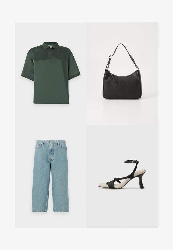 Dunkelgrünes Poloshirt aus glattem Stoff mit Kragen, drei Knöpfen, kurzen Ärmeln und einem dezenten Logoakzent auf der Brust.; Hellblaue Denim-Shorts mit hoher Taille, geradem Schnitt und rohem Saum. Verfügt über einen klassischen Knopf- und Reißverschluss sowie vier Taschen.; Schwarze Absatzsandale mit geflochtenem Riemendesign, quadratischer Spitze und verstellbarem Knöchelriemen. Helle beigefarbene Sohle mit glänzendem schwarzen Absatz.; Schwarze Lederhandtasche mit geschwungener Form, einem einzigen Tragegurt, Reißverschlussverschluss und dezentem Branding auf der Vorderseite. Glatte Textur, minimalistisches Design.