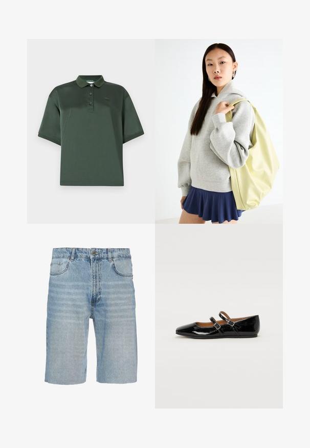 Tmavě zelené polo tričko vyrobené z hladkého materiálu, s límcem, třemi knoflíky, krátkými rukávy a nenápadným logem na hrudi.; Džínové šortky ve světle modré barvě, s klasickým pěti-kapsovým designem, knoflíkovým zapínáním, rovný střih a jemným fadingem na látce.; Černé lakované baleríny s špičatou špicí, dvěma přezkami přes nárt a nízkým, zaobleným podpatkem.; Šedá oversized mikina s klokaní kapsou, spárovaná s námořnickou áčkovou sukní. Doplňky: velký světle žlutý batoh s hladkým povrchem.