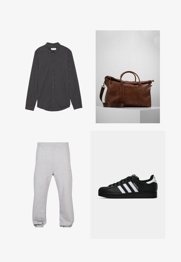 Camiseta negra de mangas largas con rayas verticales blancas, cuello, botones en la parte delantera y dobladillo curvado. Fabricada con un tejido suave.; Camiseta de manga larga en camuflaje de color verde, marrón y beige con cuello redondo. Presenta un patrón mixto de manchas irregulares y texturas.; Pantalones de chándal grises hechos de una mezcla de algodón, con cintura elástica, piernas ajustadas y dobladillos acampanados. Diseño simple sin patrones.; Zapatilla negra Adidas Superstar con rayas blancas, punta de concha y texto "Superstar" en el lateral, mostrada en perfil lateral sobre un fondo blanco.; Bolsa de viaje de cuero marrón con cierre de cremallera, doble asa, correa de hombro ajustable y patrones de textura visibles en la superficie.