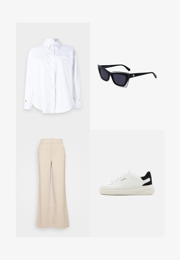 Elisabetta Franchi Camicia - bianco; Pantaloni beige a gamba larga con una texture liscia, caratterizzati da una vita alta e due tasche frontali. Design pulito con una vestibilità sartoriale.; Sneaker bianchi in pelle con suola spessa bianca, accento in suede nero sul tallone e logo impresso sul lato. Design con lacci e sei fori per i lacci.; Occhiali da sole oversize neri dalla forma geometrica, con lenti scure e un dettaglio grigio a contrasto sulla montatura. Logo sul braccio.; Orecchini a cerchio in argento con una finitura liscia e lucente. Forma arrotondata, design leggero, con chiusura a perno.