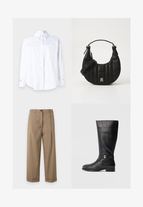 Elisabetta Franchi Blusa - bianco; Pantalones anchos marrones con un frente plano y pliegues, cierre de botón y puños doblados, fabricados en una tela suave.; Bota de cuero negra hasta la rodilla con una textura suave, pequeño detalle de hebilla dorada, punta redondeada y un tacón bajo apilado. Diseño simple y elegante.; Bolso de cuero negro con forma curvada, textura acolchada y herrajes dorados. Presenta una correa de hombro desmontable y un detalle de logo.