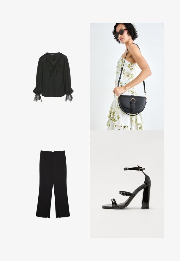 Musta paita, jossa on röyhelöillä varustettu pitsikaulus ja pitsikoristeet hihansuissa. Pehmeä kangas, jossa on rento leikkaus ja v-pääntie.; Mustat housut suoralinjaisella leikkauksella, joissa on etutaskut ja sivurei'ät helman alla. Valmistettu pehmeästä ja sileästä kankaasta. Sopii eri tilaisuuksiin.; Musta kiiltävä korkokenkä sandaalit neliönmuotoisella varpaalla, nilkkaremmillä ja hopeisilla soljilla. Varustettu tukevalla lohkokorkealla vakauden takaamiseksi.; Musta nahkainen käsilaukku, joka on kaareva muotoilultaan, irrotettavalla hihnalla ja kultaisilla yksityiskohdilla. Laukussa on läppä, jossa on solk yksityiskohta.