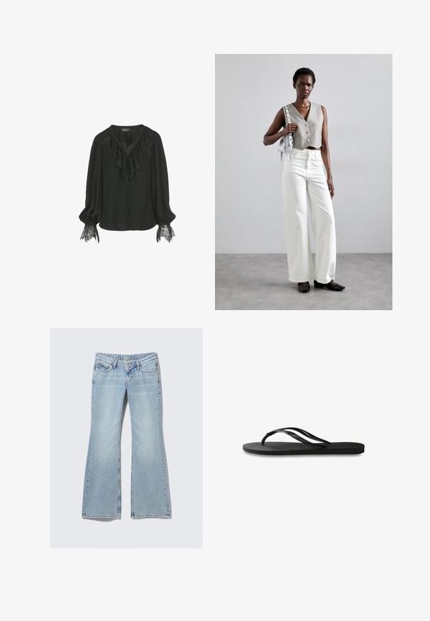 Fekete blúz fodros csipke gallérral és csipke díszítéssel az ujjak mandzsettáján. Puha anyag, laza fazon és V-kivágás.; Weekday NOVA - Karcsúsított farmerek - lip blue; Fekete papucs texturált gumitalppal, két vékony pánttal és finom, domború logóval a pánton.; Szürke, gombos cropped mellény, fehér, széles szárú farmernadrággal és fekete lapossarkú cipővel párosítva. Kiegészítve egy kis ezüst francia táskával.