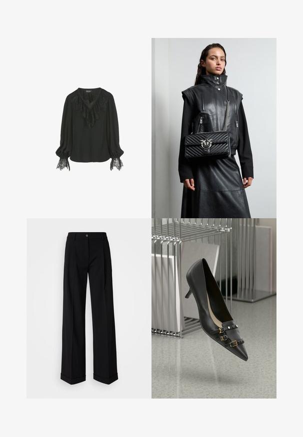 Blusa nera con colletto in pizzo arricciato e dettagli in pizzo ai polsini delle maniche. Tessuto morbido con una vestibilità comoda e scollatura a V.; Pantaloni neri a gamba larga in tessuto liscio, con chiusura a bottoni frontale e due pieghe davanti. L'orlo è rifinito a risvolto. Design minimalista.; Scarpa nera in pelle con tacco alto e punta affusolata, caratterizzata da due dettagli con cinghie e fibbie dorate e borchie nere. Texture liscia e design elegante.; Gilet in pelle nera con collo alto, tasche con zip e una borsa a tracolla nera trapuntata con un accento in hardware argentato, indossato con una lunga gonna nera.