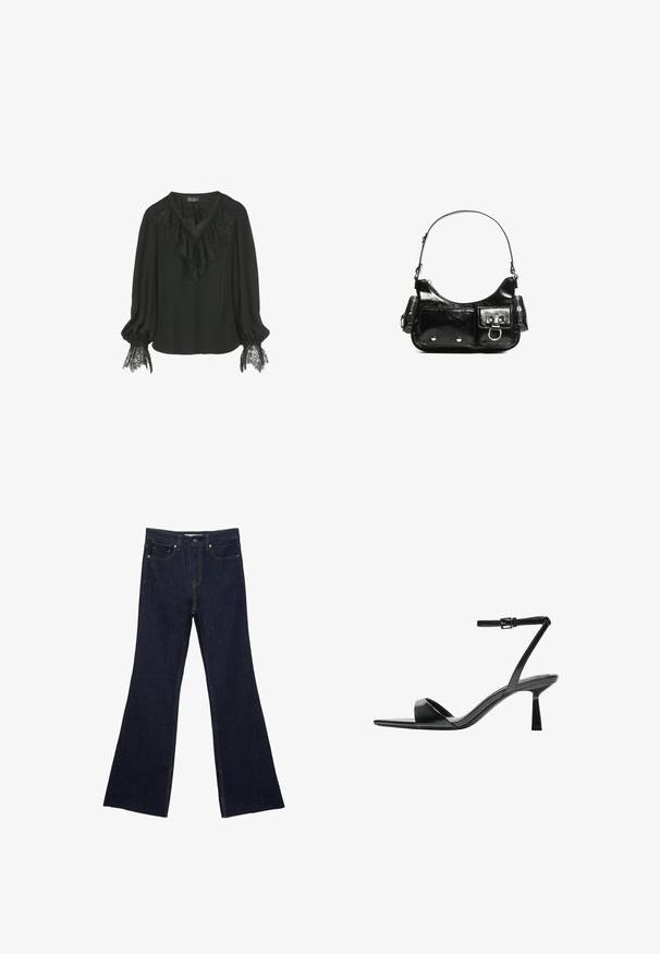 Blusa nera con colletto in pizzo arricciato e dettagli in pizzo ai polsini delle maniche. Tessuto morbido con una vestibilità comoda e scollatura a V.; Jeans a zampa d'elefante in denim blu scuro con un design a cinque tasche standard e cuciture visibili. Il tessuto ha una texture liscia con una leggera sbiaditura.; Bershka Sandali con tacco - black; Borsa a spalla in vernice nera con forma curvata, una tracolla, tasche frontali e dettagli in metallo argentato.