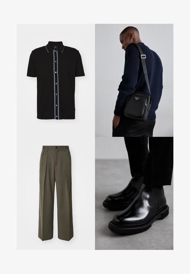 Polo negro de manga corta con cuello, que presenta una raya vertical azul claro y botones en contraste en la parte delantera.; Filippa K WIDE TROUSERS - Pantalones - driftwood; Botas Chelsea de cuero negro con un acabado suave, paneles laterales elásticos y una suela de goma gruesa y texturizada que presenta un patrón de banda de rodadura resistente.; Bolso cruzado de cuero negro con un compartimento con cremallera, detalle de logo y una correa ajustable de marca. Llevado sobre un suéter de punto azul marino.