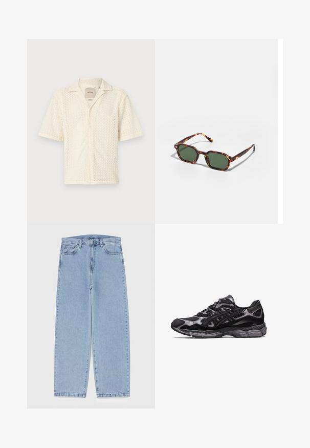 Lühikeste varrukatega kreemjas värvitoonis särk, mis on valmistatud tekstuurilisest kangast, millel on sakilise mustriga ja nööbitav esiosa. Särgil on klassikaline krae ja tasku.; Heled sinise denimi sirgete põlvede lõikega teksad, millel on keskmise kõrgusega vöökoht, viis taskut ning nööbid ja tõmblukk.; Mustad mustus spordijalats, millel on võrk- ja nubukülem, kus on tekstuuriga disain ning tugev ning pehme hall tallad.; Kilpkonnakuju prillid roheliste läätsega, millel on kaheksanurkne kuju ja kitsad, kaarduvad varred. Materjalil on läikiv viimistlus.