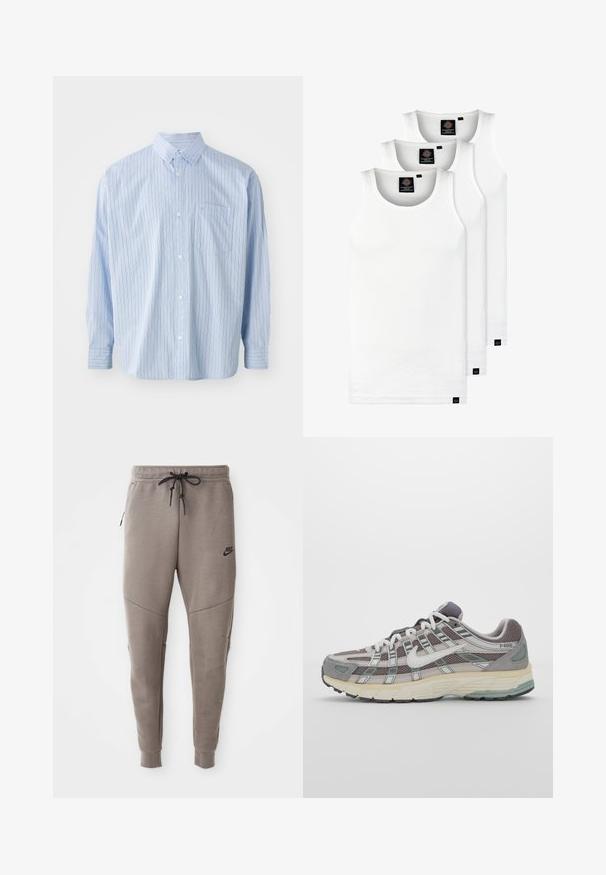 Chemise boutonnée à manches longues bleu clair avec des rayures verticales en bleu foncé et rouille. Dispose d'un col et d'une poche poitrine. Tissu en coton.; Trois débardeurs blancs côtelés en coton. Présentent un col rond et de petites étiquettes noires près de l'ourlet. Disponibles en plusieurs tailles.; Pantalon de survêtement gris Nike avec une taille élastique à cordon de serrage, des jambes fuselées, des poches latérales et un détail de couture distinct. Tissu doux et texturé.; Chaussure de sport grise avec une tige en mesh et en daim, accents blancs, semelle rembourrée et un design distinctif avec des éléments réfléchissants.