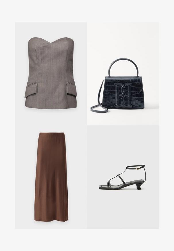 Gray strapless top with a structured design, featuring subtle vertical pinstripes and two front pockets with stitched accents.; Brown satin midi skirt with a smooth texture, featuring a straight cut and no visible patterns or embellishments. Simple and elegant design.; Black leather sandal with a square toe, thin straps, adjustable ankle strap, and a low heel. Features a small gold accent on the strap.; Black crocodile-embossed leather handbag with a structured design, top handle, adjustable strap, and a prominent front logo detail.; Gold-tone brooch featuring a knotted design with smooth, curved lines and an intricate shape, reflecting a polished finish.