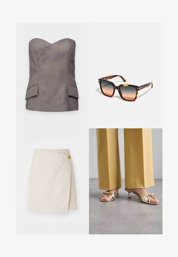 Grå bandeau-top med en struktureret design, der har diskrete lodrette striber og to frontlommer med syede detaljer.; Beige omslagskirt med en sidelukning med knap, ensfarvet stof, rene linjer og en glat tekstur, designet til en tætsiddende silhuet.; Stuart Weitzman FELICITY BOW SLIDE - Mules med hæl - platino; Tom Ford Solbriller - brown