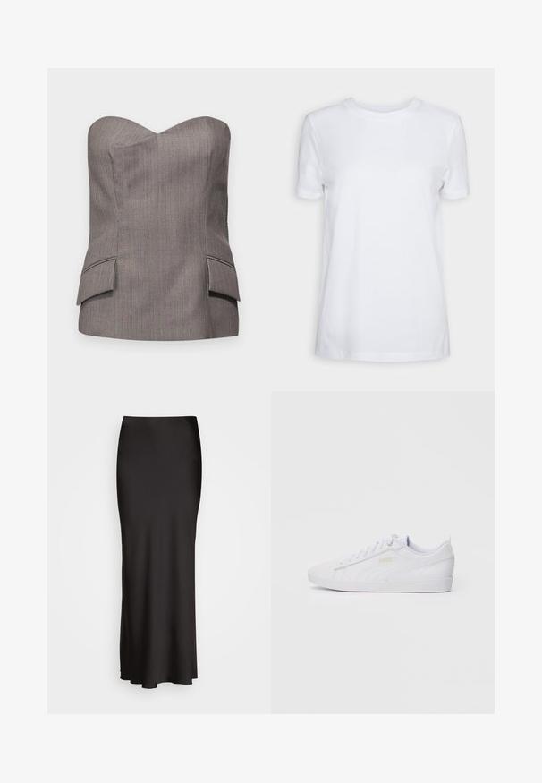 Graues trägerloses Top mit strukturiertem Design, das fein gestreifte vertikale Nähte und zwei vordere Taschen mit genähten Akzenten aufweist.; Weißes T-Shirt mit kurzen Ärmeln aus Baumwolle. Rundhalsausschnitt mit glatter Textur und ohne sichtbare Muster oder Akzente. Schlichte Stil.; Schwarzer, bodenlanger Satinrock mit glatter Textur, tailliertem Bund und A-Linien-Silhouette, ohne sichtbare Verzierungen oder Muster.; Weiße low-top Puma Sneaker mit Schnürung, dezentem Branding an der Seite und Sohle sowie glattem synthetischen Obermaterial für den lässigen Gebrauch.