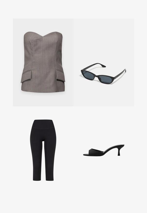 Šedý bezramínkový top se strukturovaným designem, který má jemné vertikální proužky a dvě přední kapsy se střiženými akcenty.; Černé legíny tříčtvrteční délky vyrobené z elastického materiálu, s vysokým pasem a bez viditelných vzorů či kovových prvků.; Černé lodičky na vysokém podpatku s širokým, otevřeným špičkou a zakřiveným svrškem. Vyrobené z texturované látky, mají štíhlý podpatek a hladkou podrážku.; Černé sluneční brýle typu cat-eye s tmavými skly, plastovým rámem, úzkými nohami a jemným brandingem na vnitřní straně ramene. Matte povrchová textura.