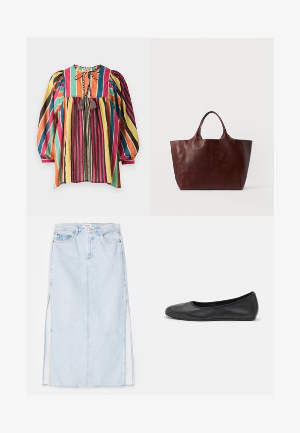 Colorful, striped blouse featuring a round neckline, puffed sleeves, and tassel accents. The fabric is lightweight and breathable.; Light blue denim maxi skirt with a straight cut, featuring side slits and five-pocket design. Prominent stitching and metal button closure.; Black leather ballet flat with a rounded toe, smooth texture, minimal stitching detail, and a flexible sole design.; Brown leather tote bag with a smooth texture, wide body, and two short handles. Features minimal stitching, no visible hardware or accents.