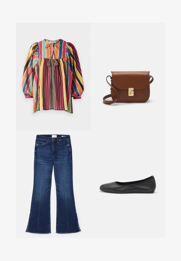 Colorful, striped blouse featuring a round neckline, puffed sleeves, and tassel accents. The fabric is lightweight and breathable.; Dark blue flared jeans made from denim. Features a high waist, front pockets, and slit details at the hem.  Classic five-pocket design.; Black leather ballet flat with a rounded toe, smooth texture, minimal stitching detail, and a flexible sole design.; Brown leather handbag with a flap closure, gold-tone hardware, a shoulder strap, and a smooth texture. Compact rectangular shape.