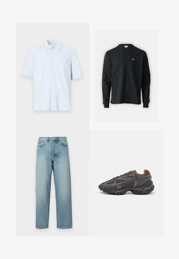 Svetlo modra majica s kratkimi rokavi, narejena iz mehke tkanine, z zapenjanjem na gumbe in klasičnim ovratnikom.; Črna dolgi rokavi majica iz bombaža, z okroglim ovratnikom in majhnim zelenim vezenim logotipom krokodila na levem prsnem delu.; Svetlo modri jeans z ohlapnim krojem, ravnimi hlačnicami, petimi žepi in gumbom za zapiranje pri pasu. Minimalistični detajli šivanja.; Lacoste teniske v temno sivi barvi z mrežasto in sintetično prevleko, s teksturiranim podplatom in rjavimi detajli na ovratniku ter blagovni znamki.