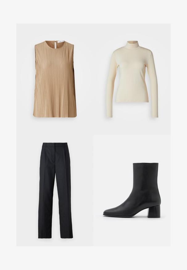 Beige ujjatlan blúz függőleges ráncokkal, kerek nyakkal és egy kis kulcslyuk kivágással a háton. Sima textúra és puha anyag.; Tej színű, hosszú ujjú garbó felső, sima, rugalmas anyagból; testszabott fazon, magas nyakkal, látható minták vagy díszítések nélkül.; Fekete, csíkozott, testre szabott nadrág, egyenes lábakkal, gyűrt redőkkel és hagyományos derékgumival. Simább anyagtextúra.; Fekete bőr bokacsizma hegyes orral és vastag, négyzet alakú sarokkal. Simább felület, mondanivaló nélküli dizájn és minimalista varrás.