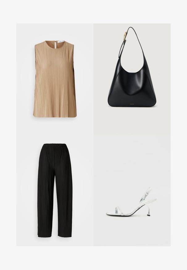 Beez värvi ilma varrukateta topp vertikaalsete voldikute, ümarate kaeluste ja väikese avaga seljaosas. Sile tekstuur ja pehme kangas.; Mustad voodri laiad püksid elastse vöökoha ja vertikaalsete volangidega, millel on sile tekstuur.; Hõbe patendiga nahast slingback kõrgendatud sandaal kitsase varbaga rihmaga, reguleeritava pandla ja saleda kontsaga.; Must mustriba mustkott, millel on sile tekstuur, kõver siluett ja kuldne riistvara aksent. Omab reljeefset brändilogo alusel.