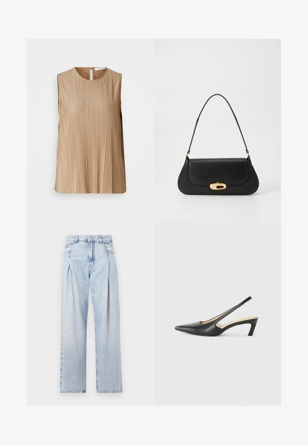 Top sem mangas bege com pregas verticais, decote redondo e um pequeno recorte em forma de olho de fechadura nas costas. Textura suave e tecido macio.; Jeans de denim azul claro com cintura alta, corte largo, dois bolsos laterais e detalhe de pregas. Textura suave com um acabamento desbotado.; Sandal com bico fino e calcanhar baixo, em couro liso, com um design recortado na lateral para respirabilidade.; Bolsa de couro preto com um design curvado, detalhes em metal dourado e uma pega superior. Apresenta um fecho elegante e uma textura suave.