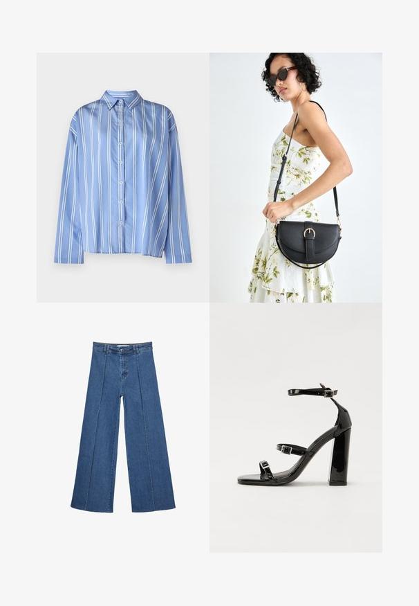 Vaaleansininen ja valkoinen raidallinen nappikauluspaido, jossa on pitkät hihat ja rento istuvuus, valmistettu sileästä kankaasta.; Korkeat vyötäröiset, keskisiniset, leveiden lahkeiden denim-farkut, joissa on nappikiinnitys ja kontrastiväriset pystysaumadetaileja edessä.; Musta kiiltävä korkokenkä sandaalit neliönmuotoisella varpaalla, nilkkaremmillä ja hopeisilla soljilla. Varustettu tukevalla lohkokorkealla vakauden takaamiseksi.; Musta nahkainen käsilaukku, joka on kaareva muotoilultaan, irrotettavalla hihnalla ja kultaisilla yksityiskohdilla. Laukussa on läppä, jossa on solk yksityiskohta.