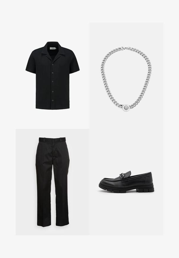 Kortærmet sort skjorte lavet af et tekstureret, vaffelstrikstof, med knaplukning foran og en klassisk kravedesign. Har fem knapper og diskret branding.; Langærmet sort skjorte lavet af blødt stof, med rund hals og et simpelt, sømløst design. Ingen synlige mønstre eller accenter.; Sorte bukser lavet af et glat stof med lige ben, bæltestropper og to sidelommer. Klassisk look uden udsmykninger.; Sort læderloafer med rund tå, en dekorativ rem og hardware, samt en chunky tekstureret sål. Glat finish med subtile detaljer.; Sølv kædedyse med tykke led og et centralt cirkulært vedhæng med indviklet detaljering. Glat, reflekterende metaloverflade.