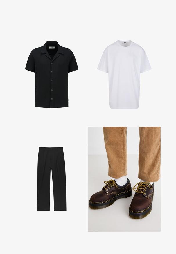 Schwarzes Kurzarmhemd aus strukturiertem Waffelstrickstoff, mit durchgehender Knopfleiste und klassischem Kragendesign. Verfügt über fünf Knöpfe und dezente Markenkennzeichnung.; Weiße Baumwoll-T-Shirt mit kurzen Ärmeln, rundem Ausschnitt, lockerer Passform und ohne sichtbare Logos oder Muster. Glatte Textur und minimalistisches Design.; Schwarze Hose mit geradem Schnitt, aus einem glatten Stoff gefertigt. Verfügt über Vorderfalten und einen einzelnen Knopfverschluss an der Taille.; Braune Lederschuhe mit gelben Nähten, runder Spitze, dickem Plateausohle und kontrastierenden schwarzen Akzenten. Getragen mit weißen Socken und Cordhosen.