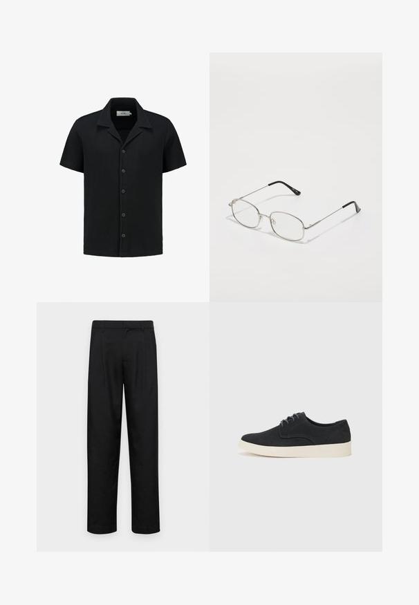 Kratka črna srajca s kratkimi rokavi iz teksturirane, vafeljaste tkanine, z gumbi spredaj in klasičnim ovratnikom. Ima pet gumbov in subtilno blagovno znamko.; Črne hlače iz gladkega materiala, s krojem ravne noge, dvema sprednjima pregiboma in standardnim pasom z zankami za pas.; Črne semiš čipkaste čevlje z zaobljenim prstom, lahkotno kremasto podplat in subtilni modri šivi na zgornjem delu.; Kovinske očala z ovalnim okvirjem, srebrnimi obroči in prozornimi lečami. Tanke, ravne ročke z črnimi konicami, minimalističen dizajn.